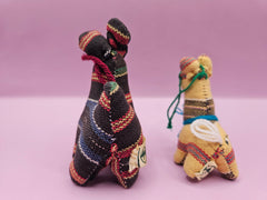 Set of two woven Guatemalan plush animal ornaments, multicolor dark and yellow, handwoven.