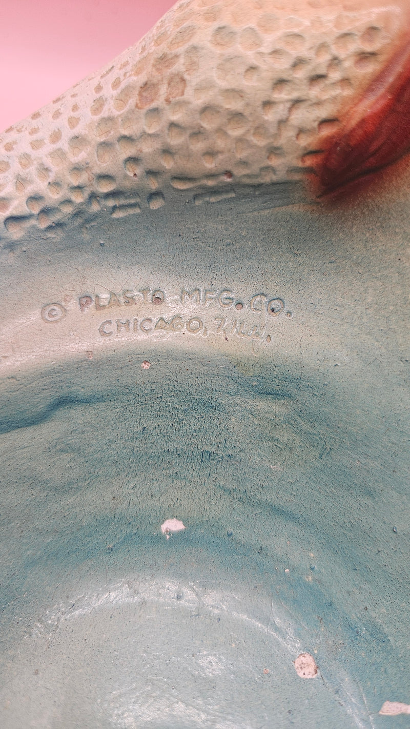Vintage plaster mermaid dish with aqua finish, Plasto Mfg. Co. Chicago 1950s