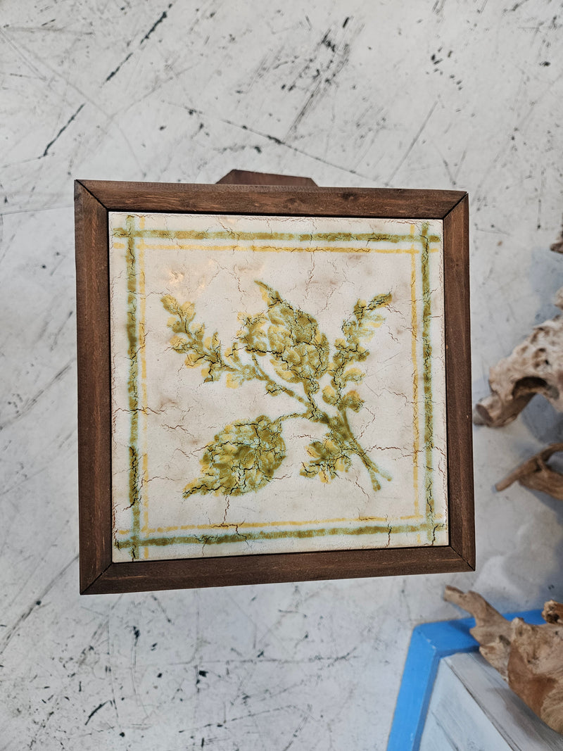 Art Deco wooden side table with ceramic tile top featuring floral design, 27.5x17.5x9.5 inches