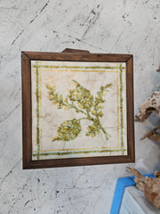 Art Deco wooden side table with ceramic tile top featuring floral design, 27.5x17.5x9.5 inches