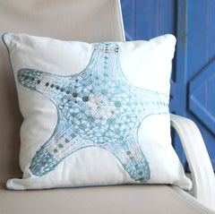 Sea Glass Embroidered Starfish Indoor/Outdoor Pillow - pillowRightside Design