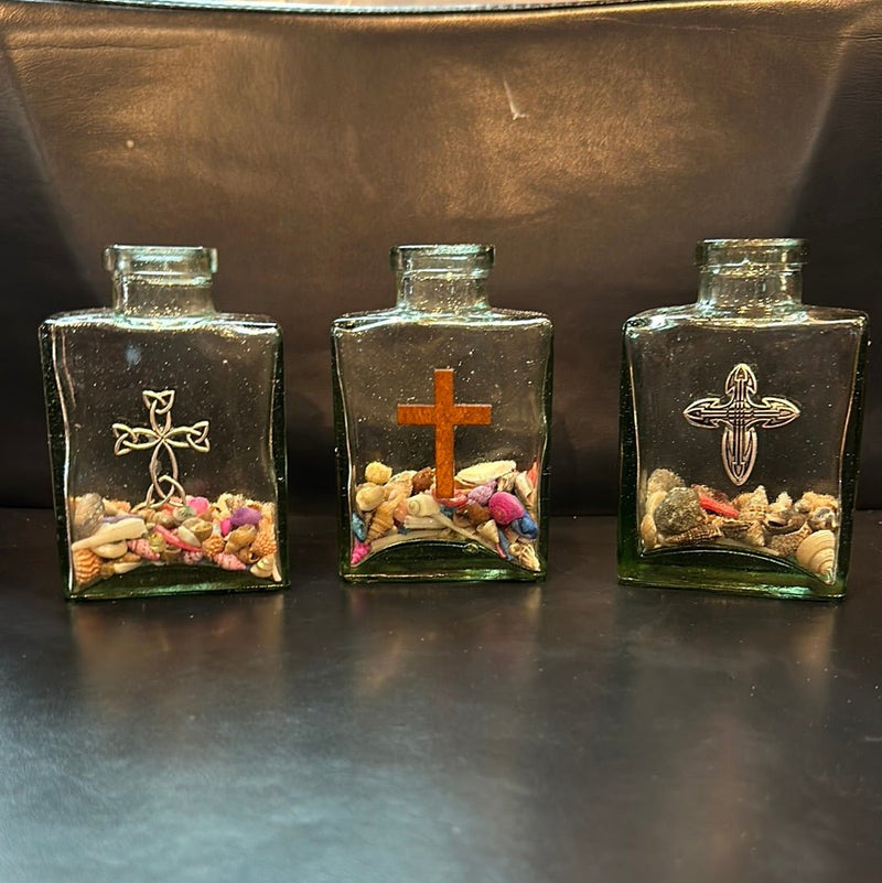 Shell Filled Bottle with Cross Accent - Loving Coastal Living