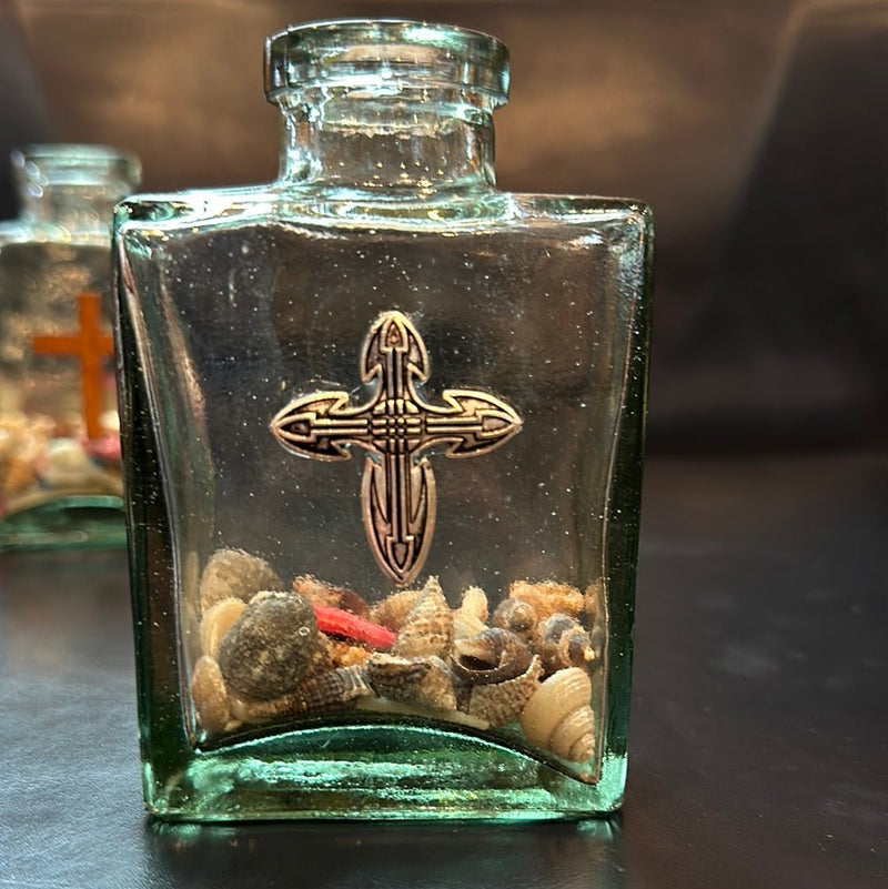 Shell Filled Bottle with Cross Accent - Loving Coastal Living