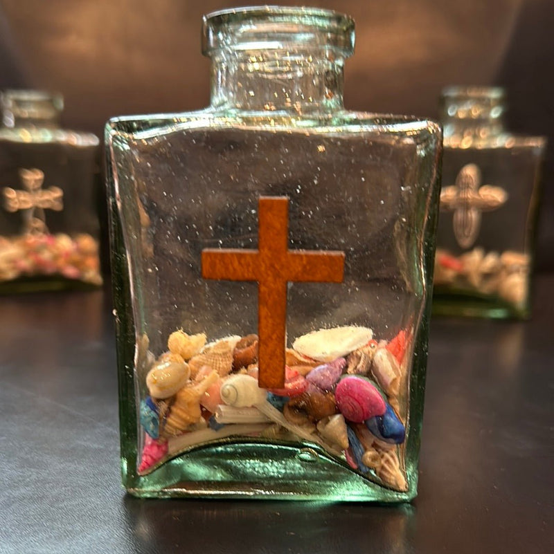 Shell Filled Bottle with Cross Accent - Loving Coastal Living