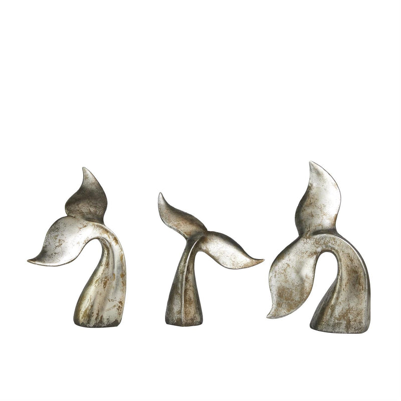 Silver Polystone Whale Decorative Sculpture with Various Sized Tails and Copper Distressing - Sculptures & StatuesUmainc