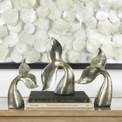 Silver Polystone Whale Decorative Sculpture with Various Sized Tails and Copper Distressing - Sculptures & StatuesUmainc