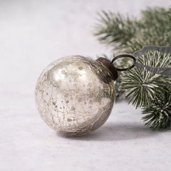 Silver Crackle Glass Christmas Bauble with bronze cap and organza ribbon.