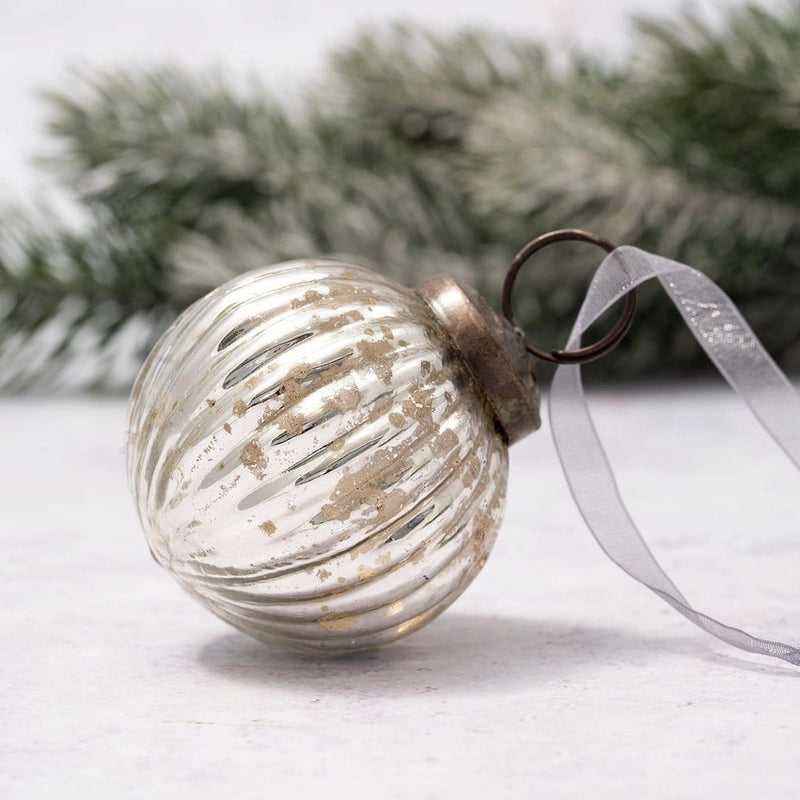 2" Medium Silver Ribbed Glass Christmas Decoration