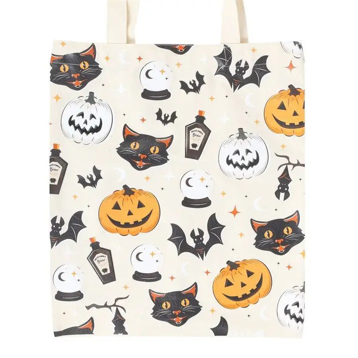 Spooky Cat and Pumpkin Print Halloween Polycotton Tote Bag - Something Different Wholesale