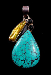 Stirling Silver Turquoise Biwa Pearl And Onyx Pendant - NecklacesRose Classics Inc