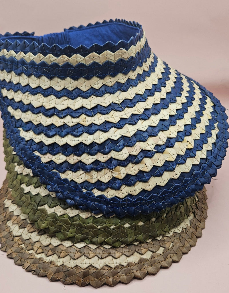 Striped Woven Palm Leaf Visor – Straw Sun Hat | Blue, Green 