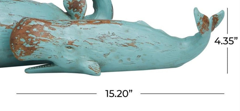 Teal Polystone Whale Distressed Decorative Sculpture with Brown Wood - Inspired Accents - Sculptures & StatuesUmainc