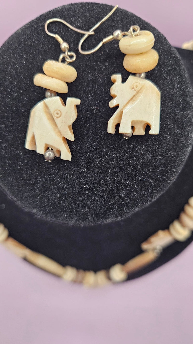 Vintage Bone Beaded Elephant Necklace and Earring Set - Necklace 13", Earrings 1.5" - NecklaceLoving Coastal Living