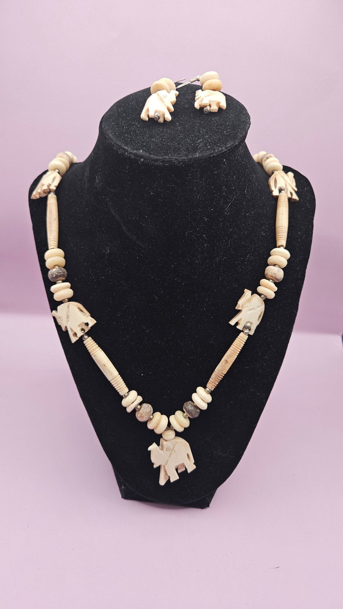 Vintage Bone Beaded Elephant Necklace and Earring Set Necklace