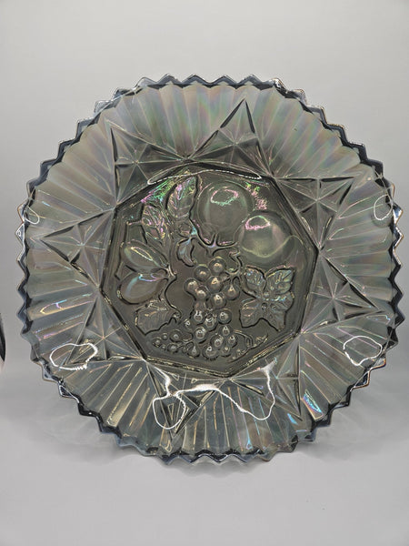Vintage Grey Carnival Glass Bowl With Fluted Edges & Raised