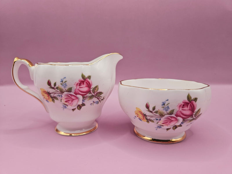 Vintage Queen Anne Creamer and Sugar Bowl Set – Floral Design with Gold Accents - DishesLoving Coastal Living