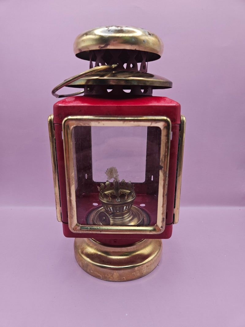 Vintage Red and Gold Nautical Oil Lamp Lantern with Glass Panels – 7.5" x 4" - DecorLoving Coastal Living