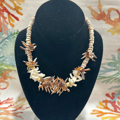 Vintage White and Brown Carved Shell Necklace - Unique Handmade Coastal Jewelry - NecklaceLoving Coastal Living