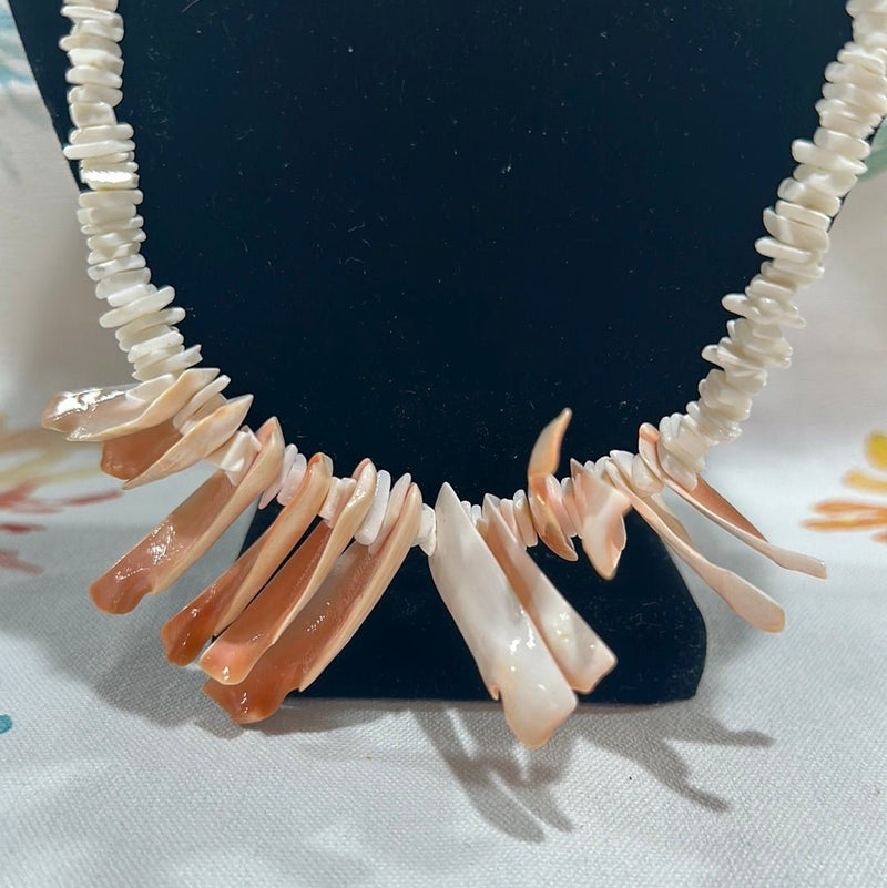 Vintage White and Pink Carved Shell Necklace - Handmade Coastal Jewelry - NecklaceLoving Coastal Living