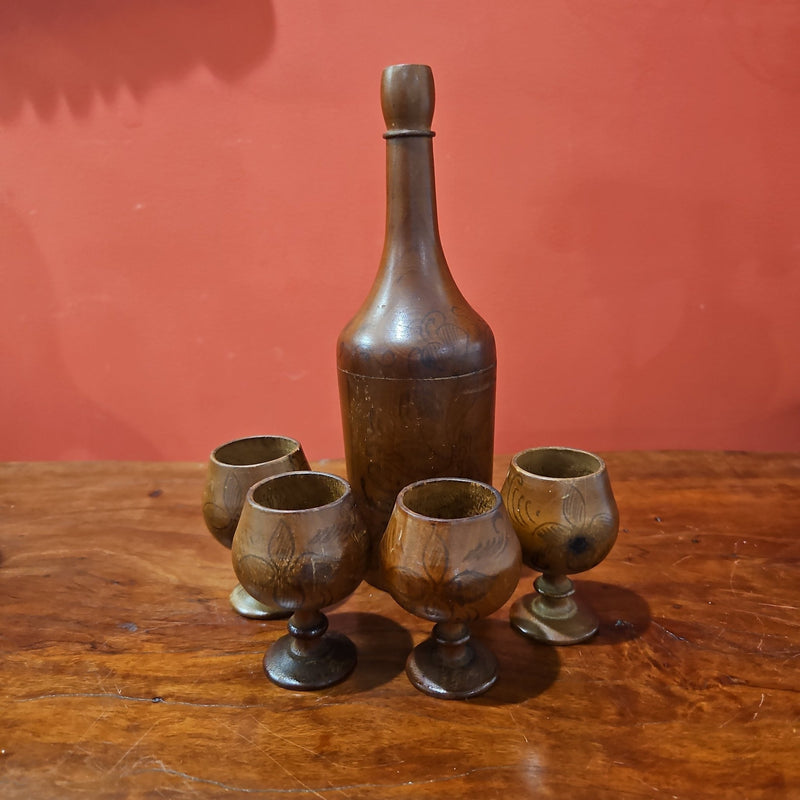 Vintage Wooden Bottle and 4 Mini Goblets - Accent DecorLoving Coastal Living