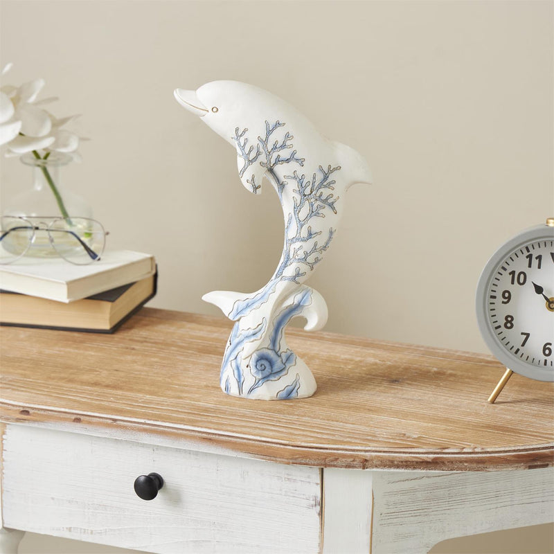 White Polystone Dolphin Curved Decorative Sculpture with Blue Coral Patterns - Sculptures & StatuesUmainc