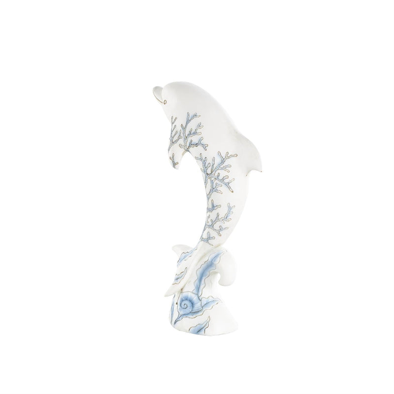 White Polystone Dolphin Curved Decorative Sculpture with Blue Coral Patterns - Sculptures & StatuesUmainc