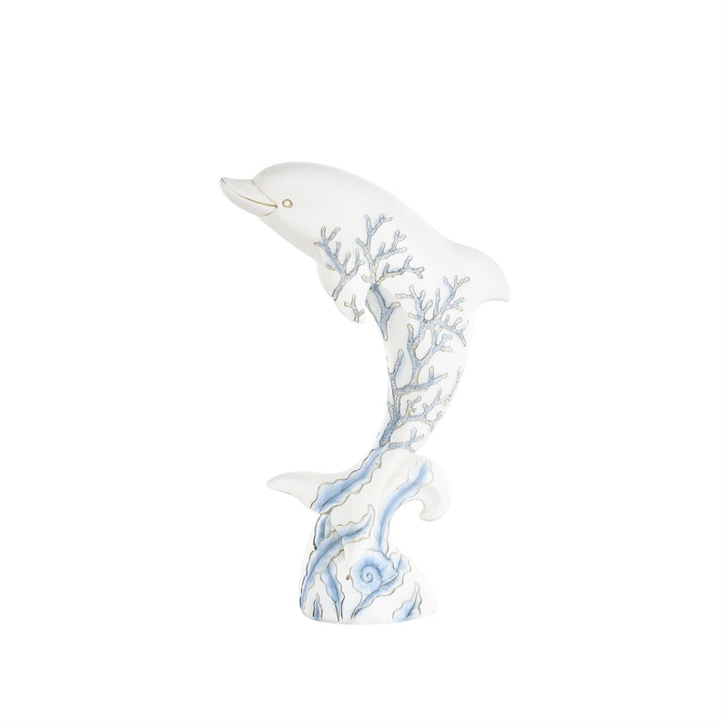 White Polystone Dolphin Curved Decorative Sculpture with Blue Coral Patterns - Sculptures & StatuesUmainc