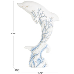 White Polystone Dolphin Curved Decorative Sculpture with Blue Coral Patterns - Sculptures & StatuesUmainc