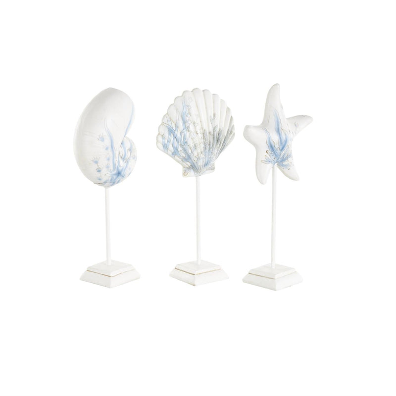 White Polystone Sea Life Shell and Starfish Decorative Sculpture with Blue Coral Patterns - Umainc