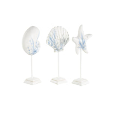 White Polystone Sea Life Shell and Starfish Decorative Sculpture with Blue Coral Patterns - Umainc