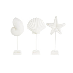 White Polystone Sea Life Shell and Starfish Decorative Sculpture with Blue Coral Patterns - Umainc