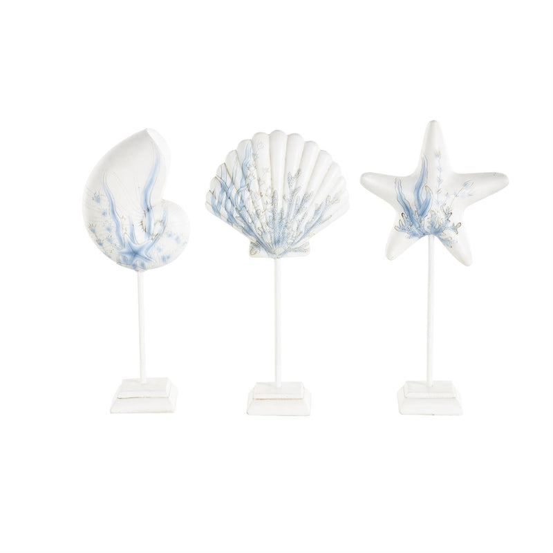 White Polystone Sea Life Shell and Starfish Decorative Sculpture with Blue Coral Patterns - Umainc