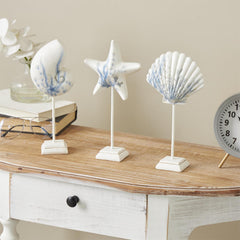 White Polystone Sea Life Shell and Starfish Decorative Sculpture with Blue Coral Patterns - Umainc