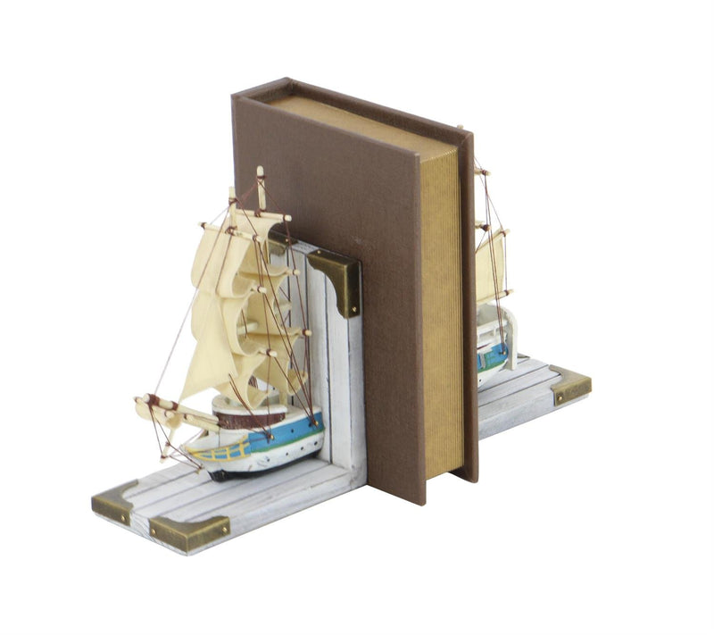 White Wood Sail Boat Decorative Bookends - BookendUmainc