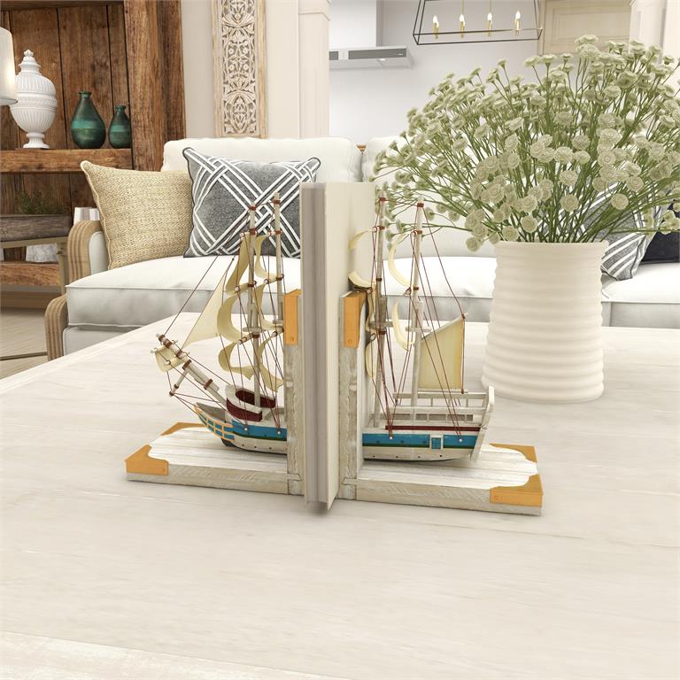 White Wood Sail Boat Decorative Bookends - BookendUmainc