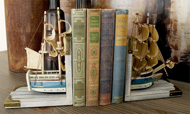 White Wood Sail Boat Decorative Bookends - BookendUmainc