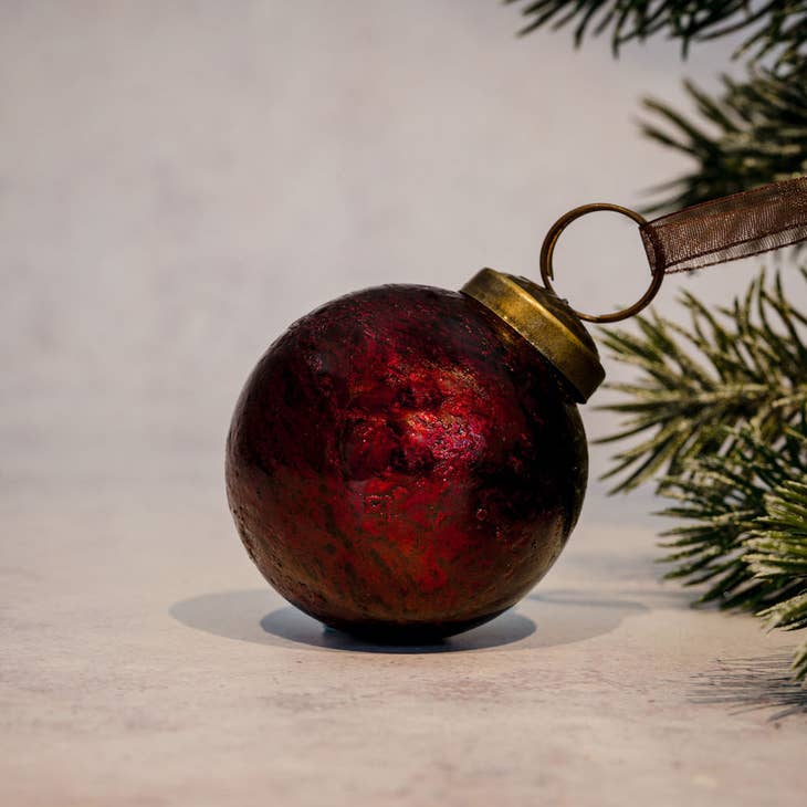 Handcrafted 2" Medium Wine Antique Foil Glass Bauble with textured finish and bronze cap