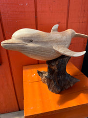 Wood Dolphin On Root Base - 2 Sizes - SculptureWorld Shells Imports