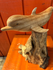 Wood Dolphin On Root Base - 2 Sizes - SculptureWorld Shells Imports