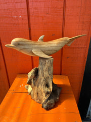 Wood Dolphin On Root Base - 2 Sizes - SculptureWorld Shells Imports