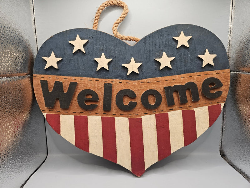 Wood Patriotic Welcome Heart 3D Door Hanger – 15"x10" | American Flag Home Decor - Accent DecorLoving Coastal Living