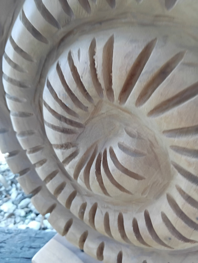 Wooden Ammonite Fossil Sculpture – Coastal Carved Spiral Wooden Ammonite Fossil Sculpture – Coastal Carved Spiral