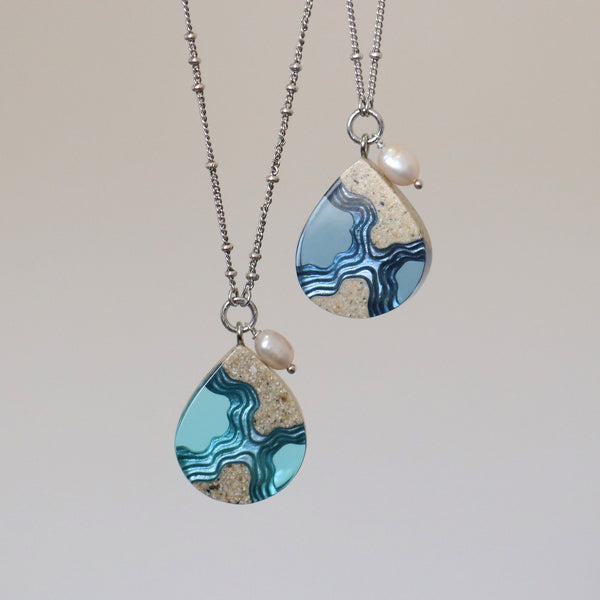 Tombolo Necklace – Teardrop Sand & Resin Pendant with Freshwater Pearl by BoldB