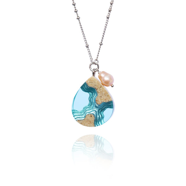 Tombolo Necklace – Teardrop Sand & Resin Pendant with Freshwater Pearl by BoldB