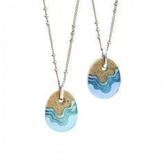 Oceanfront Necklace – Aqua & Ultramarine Resin and Sand Oval Pendant by BoldB
