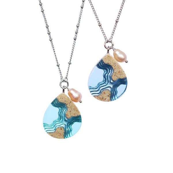 Tombolo Necklace – Teardrop Sand & Resin Pendant with Freshwater Pearl by BoldB