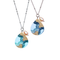 Tombolo Necklace – Teardrop Sand & Resin Pendant with Freshwater Pearl by BoldB