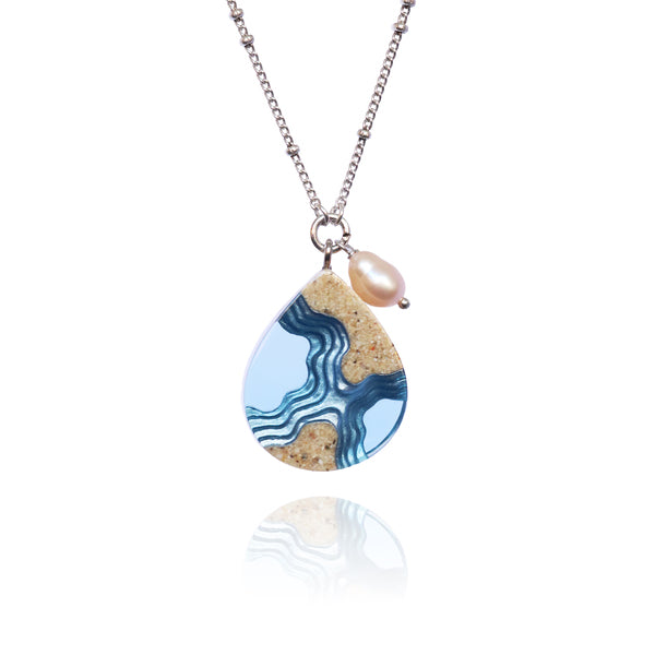 Tombolo Necklace – Teardrop Sand & Resin Pendant with Freshwater Pearl by BoldB