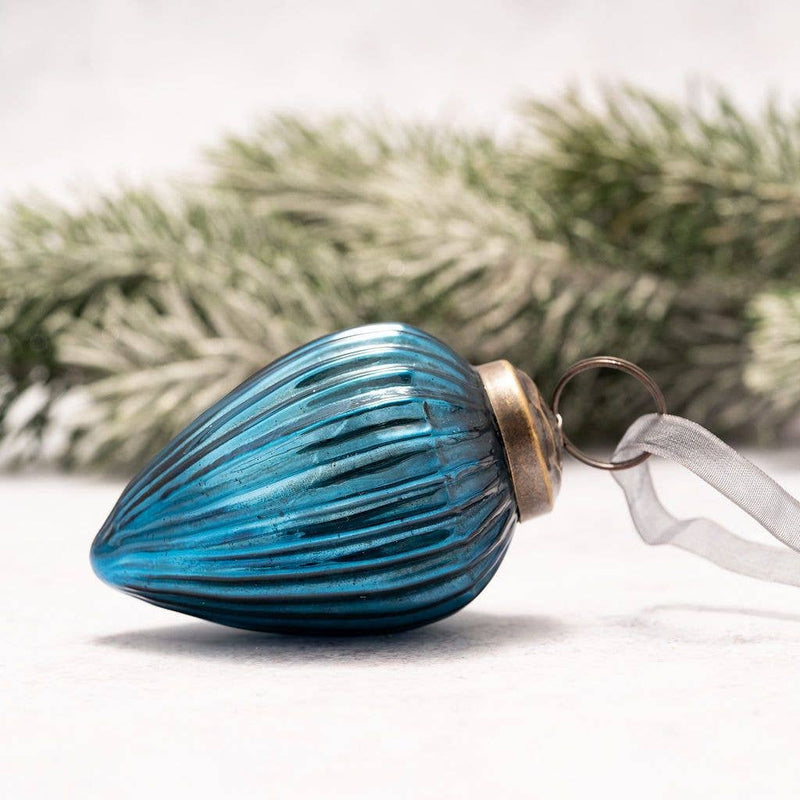 2" Medium Teal Ribbed Glass Christmas Pinecone