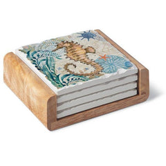 Seahorse Absorbent Stone Coaster Set with Holder